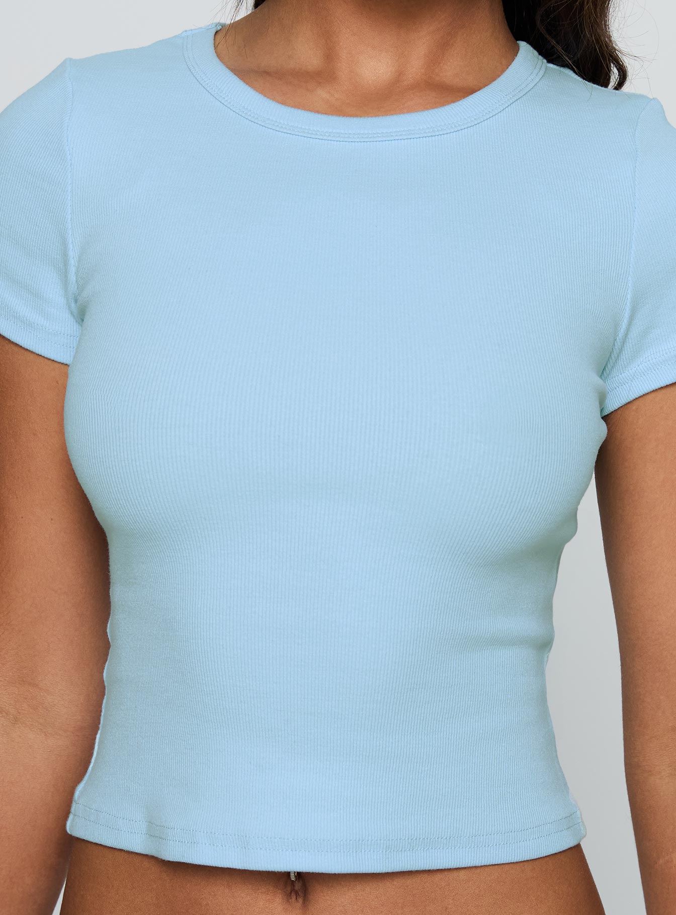 back view of model wearing Princess Polly Baseline Scoop Rib Tee Light Blue Short Sleeves Crew Neck 
