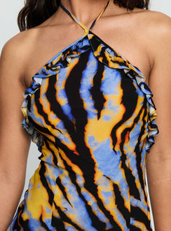 back view of model wearing Princess Polly Virginia Beach Backless Maxi Dress Blue Zebra High Neck 
