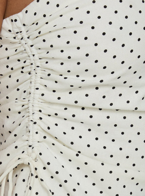 Defined Strapless Gathered Linen Blend Top Cream Polka Dot