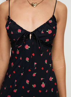 back view of model wearing Princess Polly Emilee Mini Dress Black / Floral Plunger 