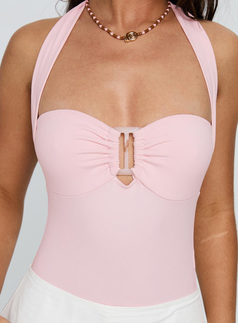 back view of model wearing Princess Polly Swaying Buckle Detail Bodysuit Pink Sleeveless 