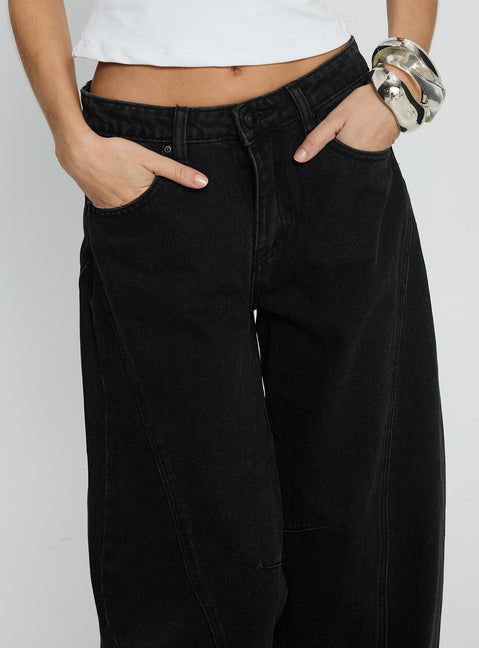 back view of model wearing Princess Polly Lost Track Mid Rise Barrel Leg Jeans Washed Black Mid Rise Jeans 