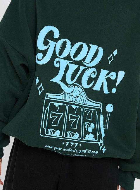 product Princess Polly Good Luck Graphic Hoodie Green / Blue Longline Jumpers Jumpers 