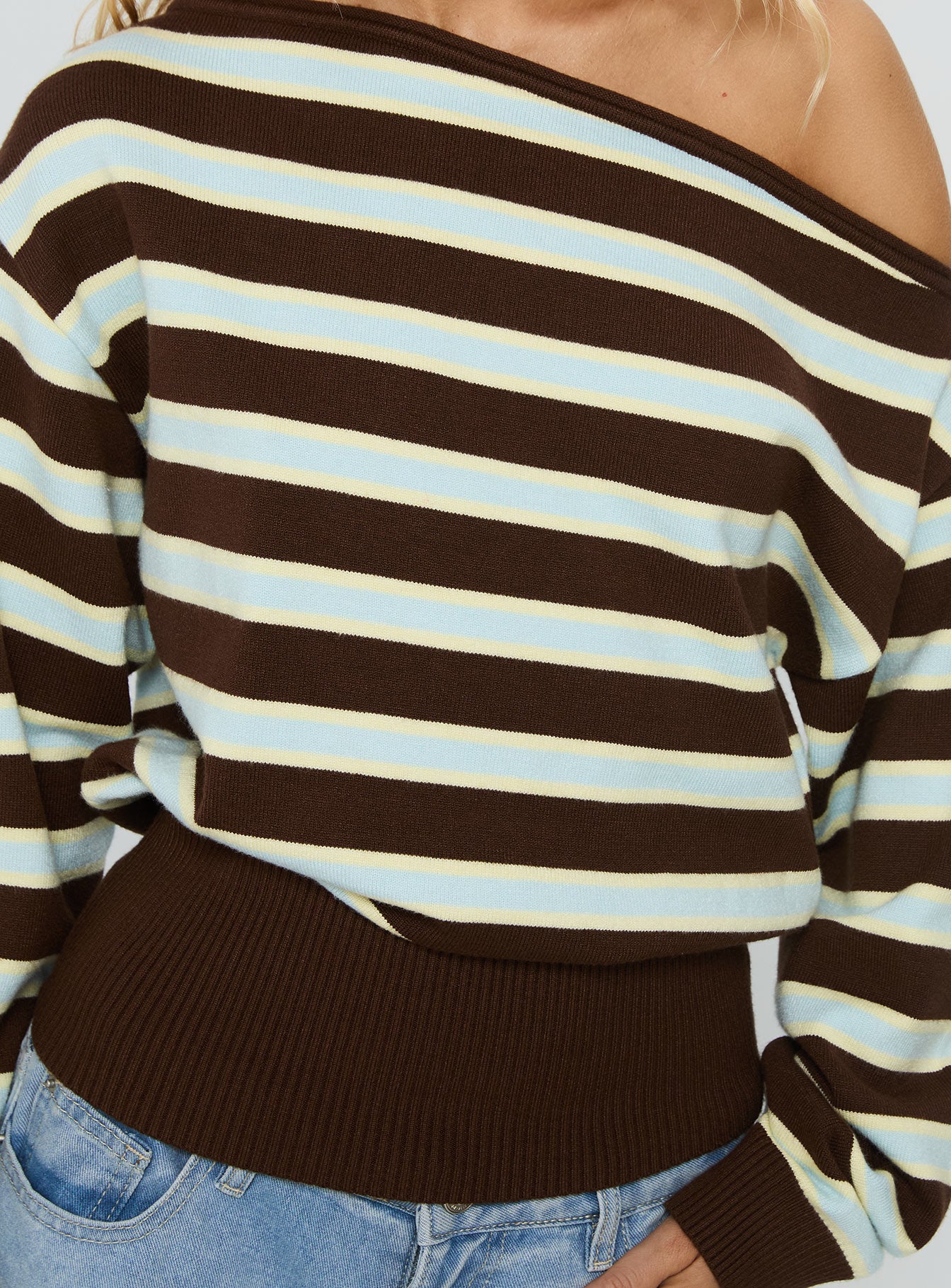 back view of model wearing Princess Polly Zinia Off Shoulder Knit Sweater Brown / Blue Stripe Cropped 