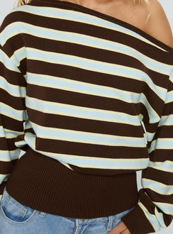 back view of model wearing Princess Polly Zinia Off Shoulder Knit Sweater Brown / Blue Stripe Cropped 