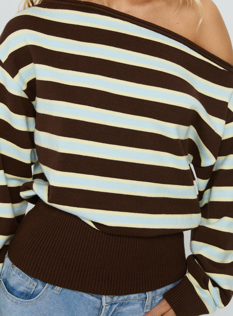 back view of model wearing Princess Polly Zinia Off Shoulder Knit Sweater Brown / Blue Stripe Cropped 