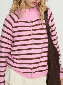 back view of model wearing Princess Polly Kaylei Zip Through Cardigan Pink Stripe regular 