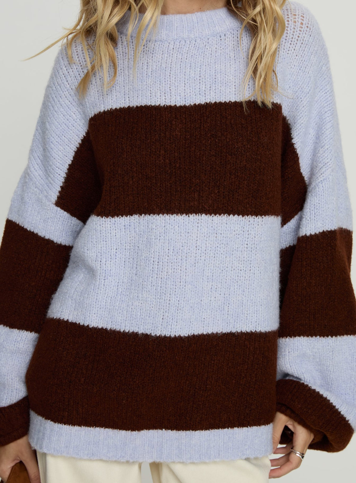 front view of model wearing Princess Polly Bastien Crew Neck Knit Sweater Blue / Chocolate Stripe Longline Jumpers 
