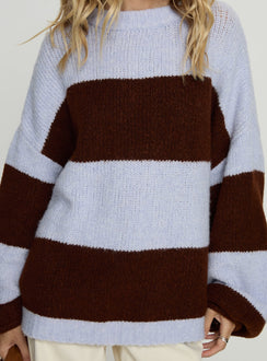 front view of model wearing Princess Polly Bastien Crew Neck Knit Sweater Blue / Chocolate Stripe Longline Jumpers 
