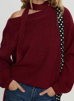 back view of model wearing Princess Polly Ruthi Scarf Off Shoulder Knit Sweater Burgundy Cropped Jumpers 