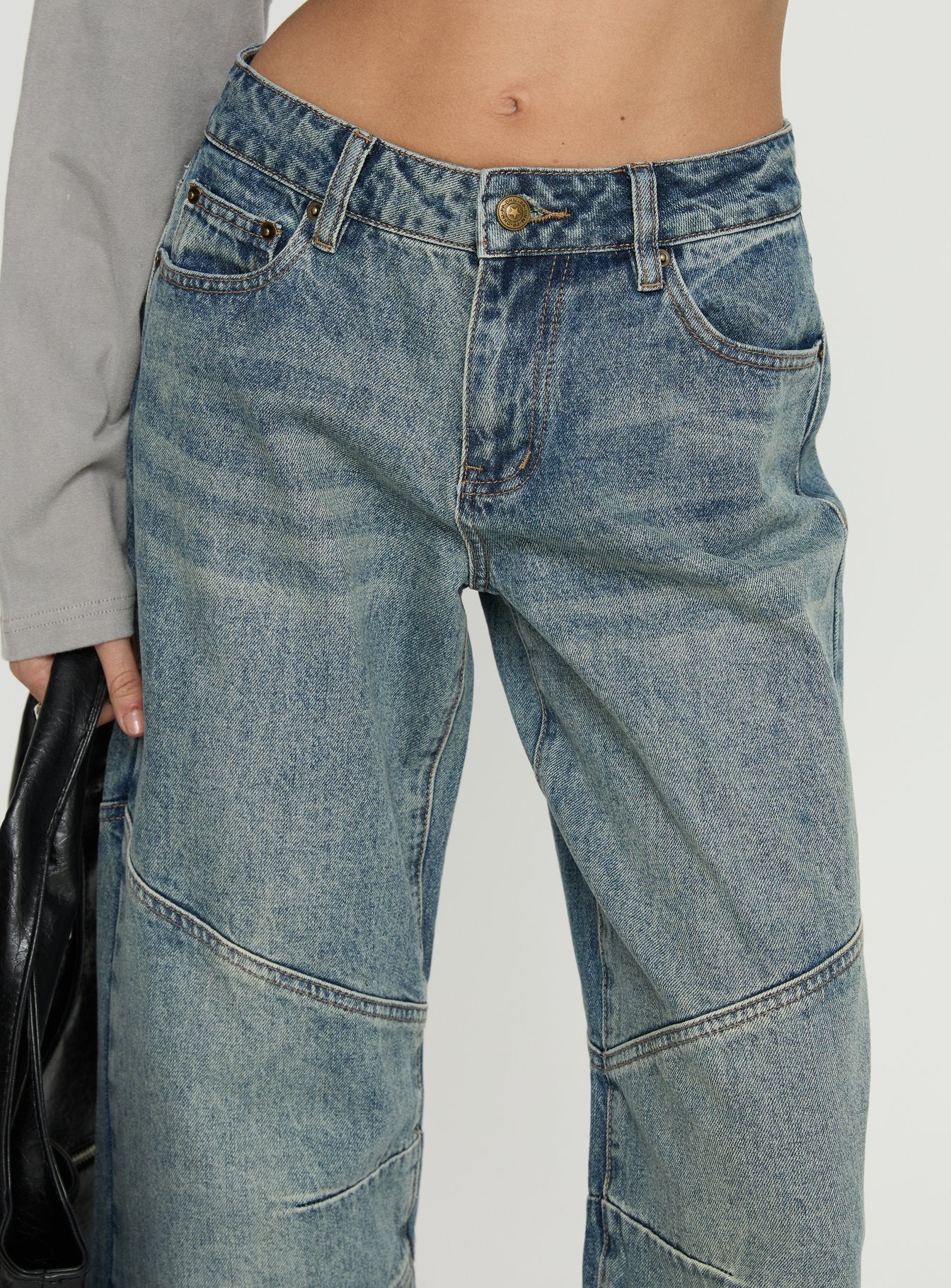back view of model wearing Princess Polly Atmosphere Mid Rise Straight Leg Jeans Antique Wash Low Rise Jeans 