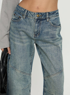 back view of model wearing Princess Polly Atmosphere Mid Rise Straight Leg Jeans Antique Wash Low Rise Jeans 
