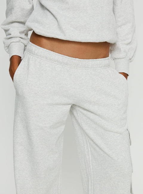 front view of model wearing Princess Polly Rozanna Cargo Sweat Pants Grey Marle Mid Rise Pants 
