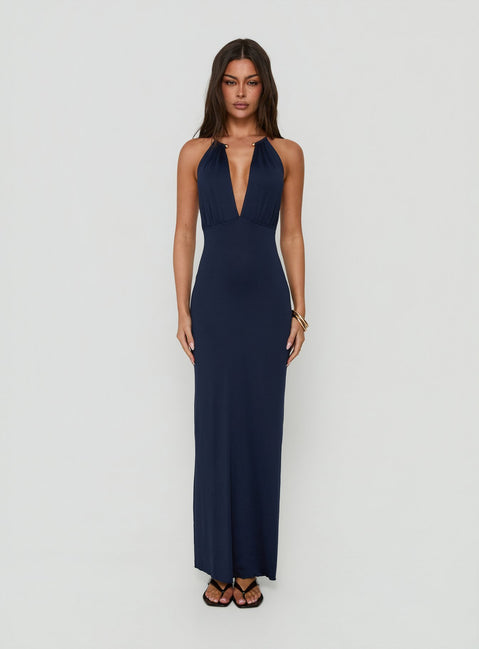 Dionira Plunge Halter Maxi Dress Navy