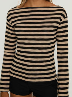 So Composed Boat Neck Long Sleeve Top Latte Stripe