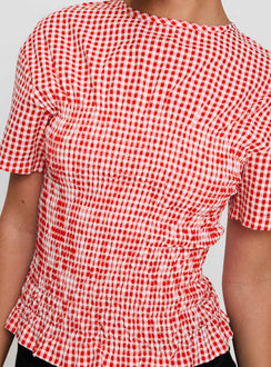 back view of model wearing Princess Polly Maybe Tomorrow Ruched Top Red Check Short Sleeves High Neck 