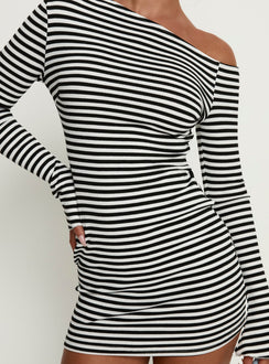 Journi Off Shoulder Long Sleeve Mini Dress Black / White Stripe