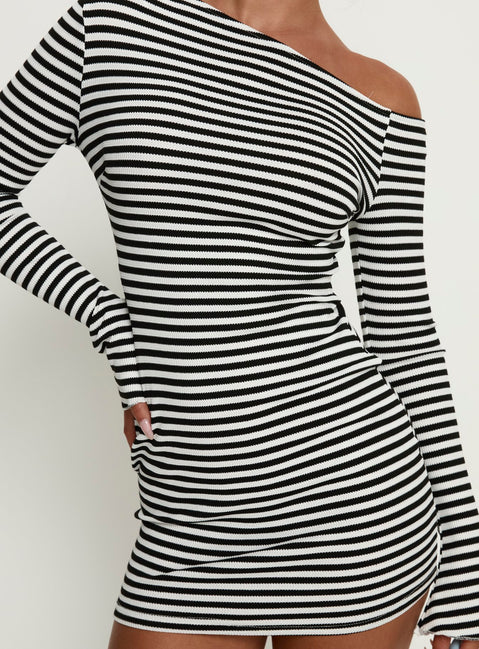 Journi Off Shoulder Long Sleeve Mini Dress Black / White Stripe