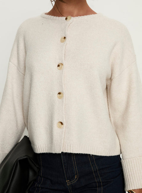 back view of model wearing Princess Polly Shinead Cuffed Knit Cardigan White Cropped Jumpers 
