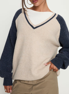 front view of model wearing Princess Polly Adana V Neck Graphic Knit Sweater Multi Longline Jumpers 