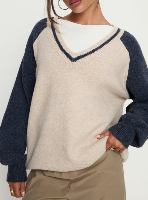 front view of model wearing Princess Polly Adana V Neck Graphic Knit Sweater Multi Longline Jumpers 