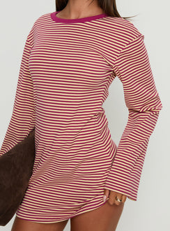 Lulolah Long Sleeve Mini Dress Lemon / Burgundy Stripe