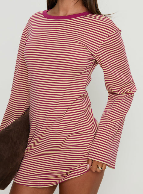 Lulolah Long Sleeve Mini Dress Lemon / Burgundy Stripe