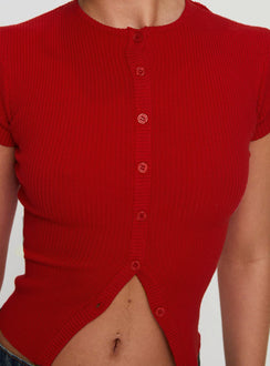 back view of model wearing Princess Polly Suzu Top Red Short Sleeves High Neck 