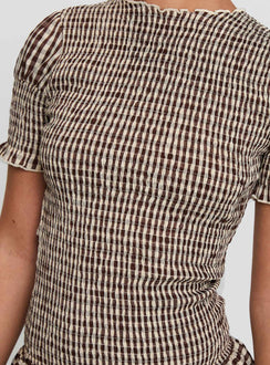Laurita Shirred Mini Dress Brown Check Tall
