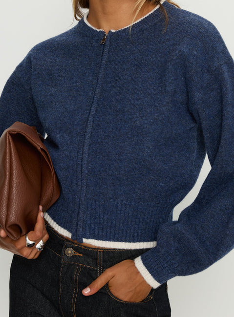 back view of model wearing Princess Polly Amandi Zip Through Knit Jumper Navy / Cream Cropped Jumpers 