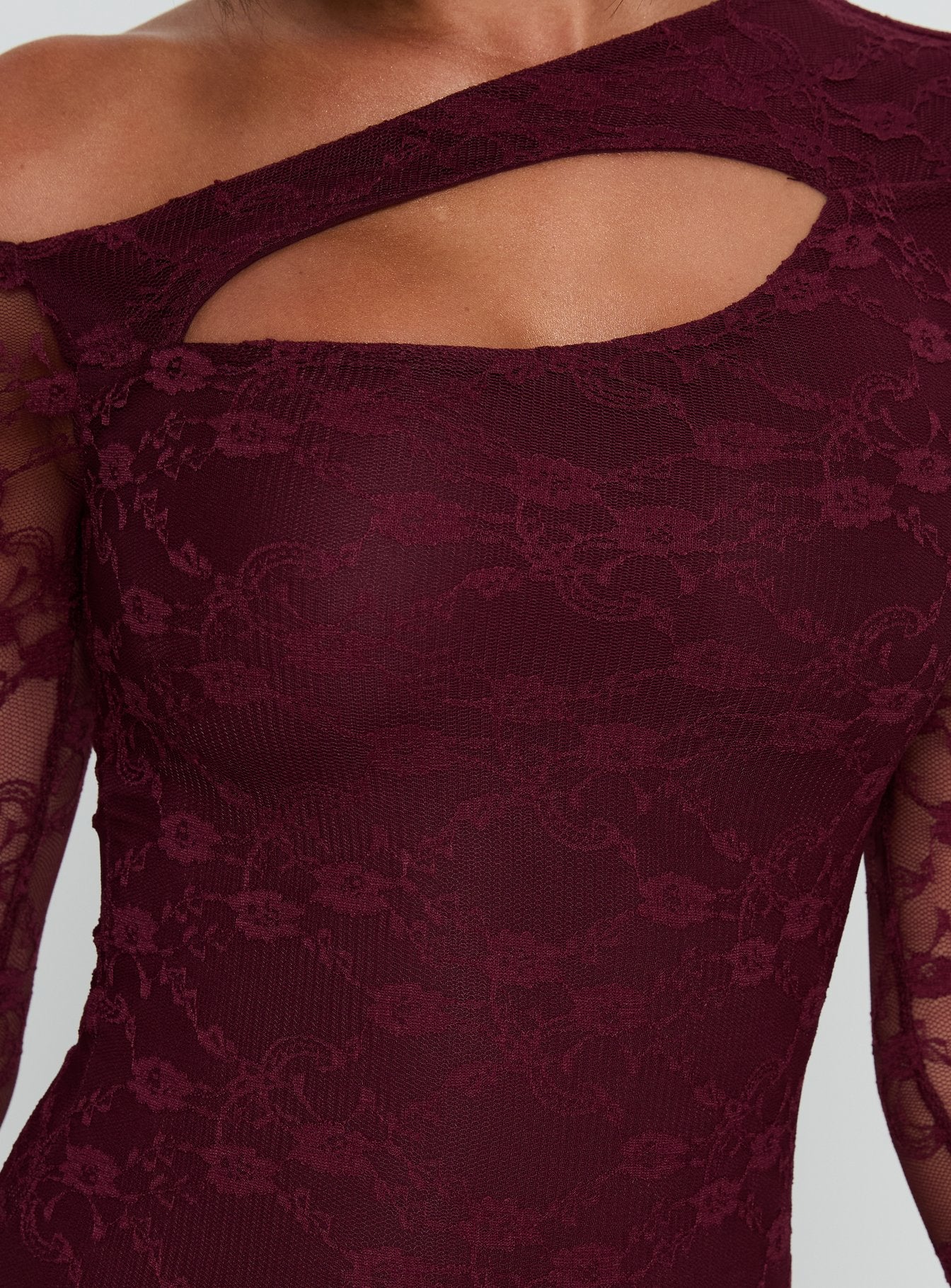 back view of model wearing Princess Polly Macaria Long Sleeve Lace Bodysuit Red Long Sleeve Tops 