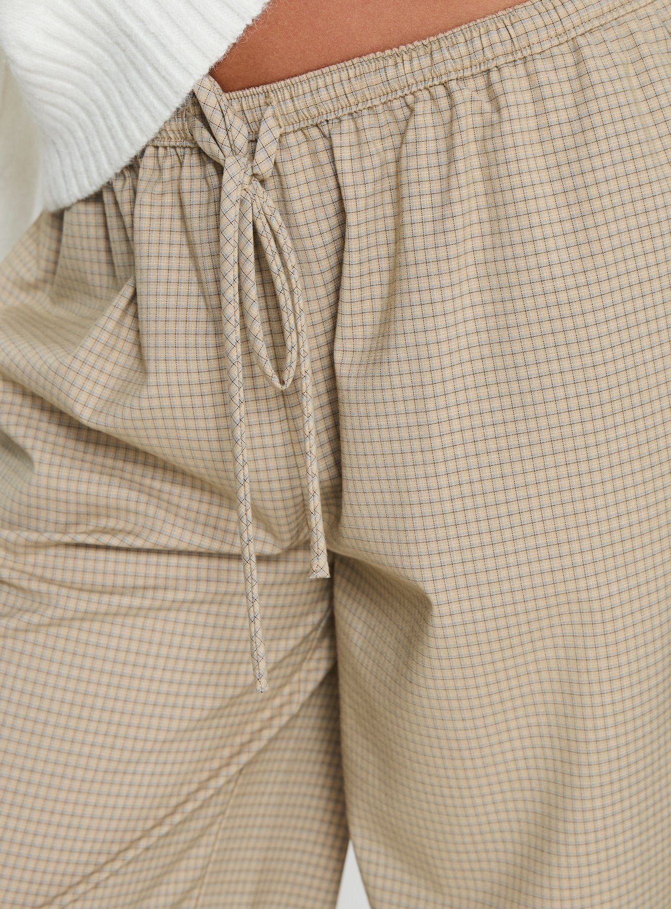 back view of model wearing Princess Polly Ketrina Tie Waist Pants Beige Plaid Mid Rise Pants 