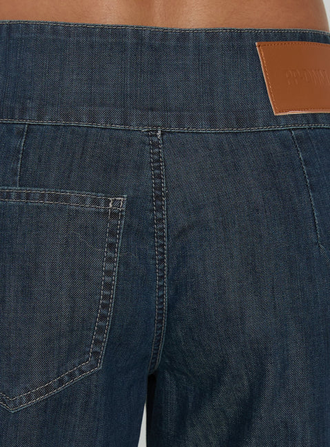 Highlighting the Nikoletta Mid Rise Wide Leg Cargo Jeans Dark Blue Wash in womens-jeans with mid-rise waistband detail