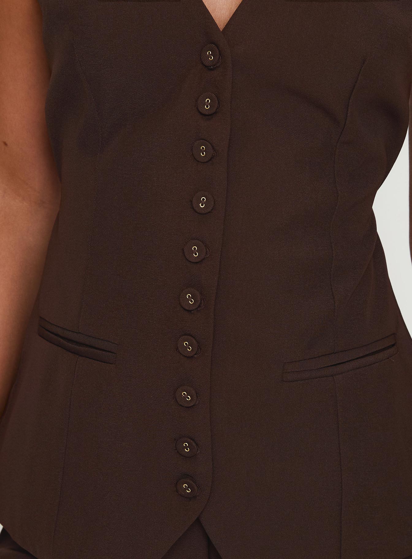 back view of model wearing Princess Polly Ambient Longline Button Up Top Chocolate Sleeveless V-Neck 