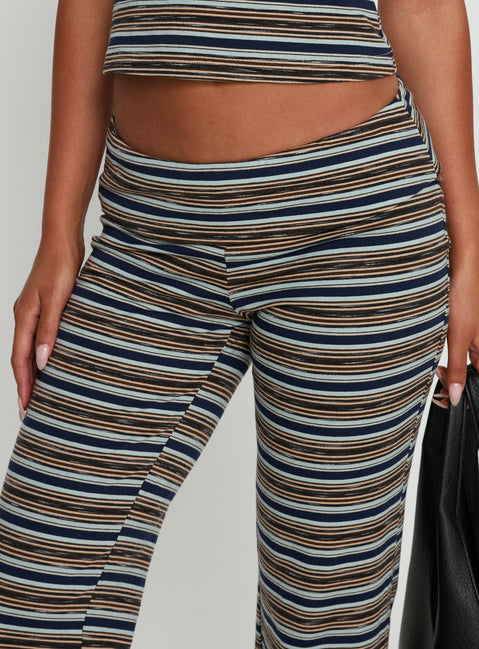 back view of model wearing Princess Polly Manolo Foldover Pants Brown / Grey Stripe Mid Rise Pants 