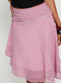 product Princess Polly Evanescence Asymmetrical Midi Skirt Pink Polka Dot Midi Skirts Skirts 