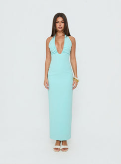 Soft Storm Plunge Halter Maxi Dress Turquoise