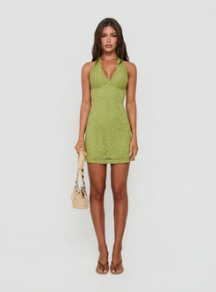 Nataliana Lace Halter Mini Dress Chartreuse