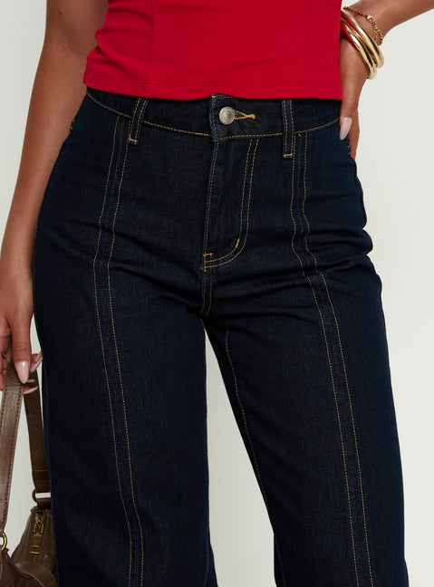 back view of model wearing Princess Polly Cadance High Rise Straight Leg Jeans Indigo High Rise Jeans 
