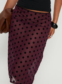 back view of model wearing Princess Polly Evani Sheer Chiffon Midi Skirt Polka Maroon Midi Skirts 
