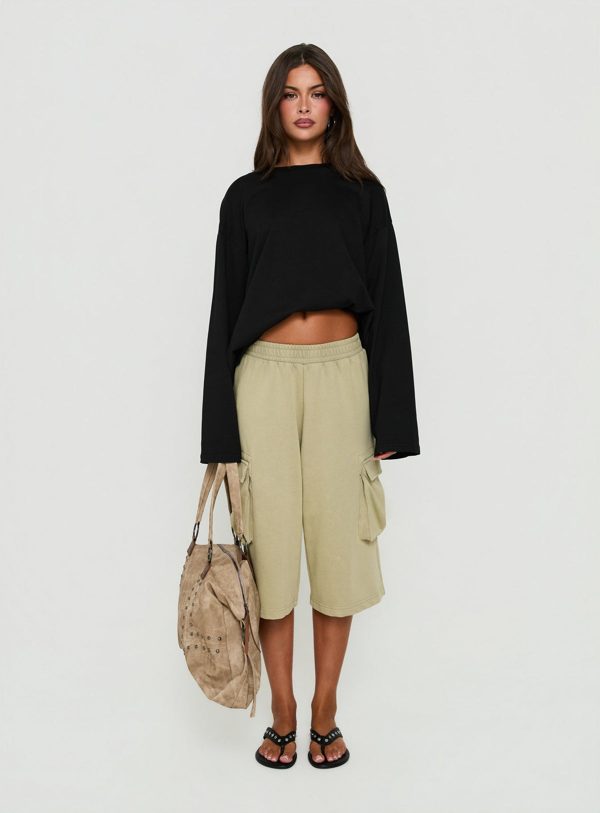 Harleah Wide Cargo Fleece Shorts Khaki