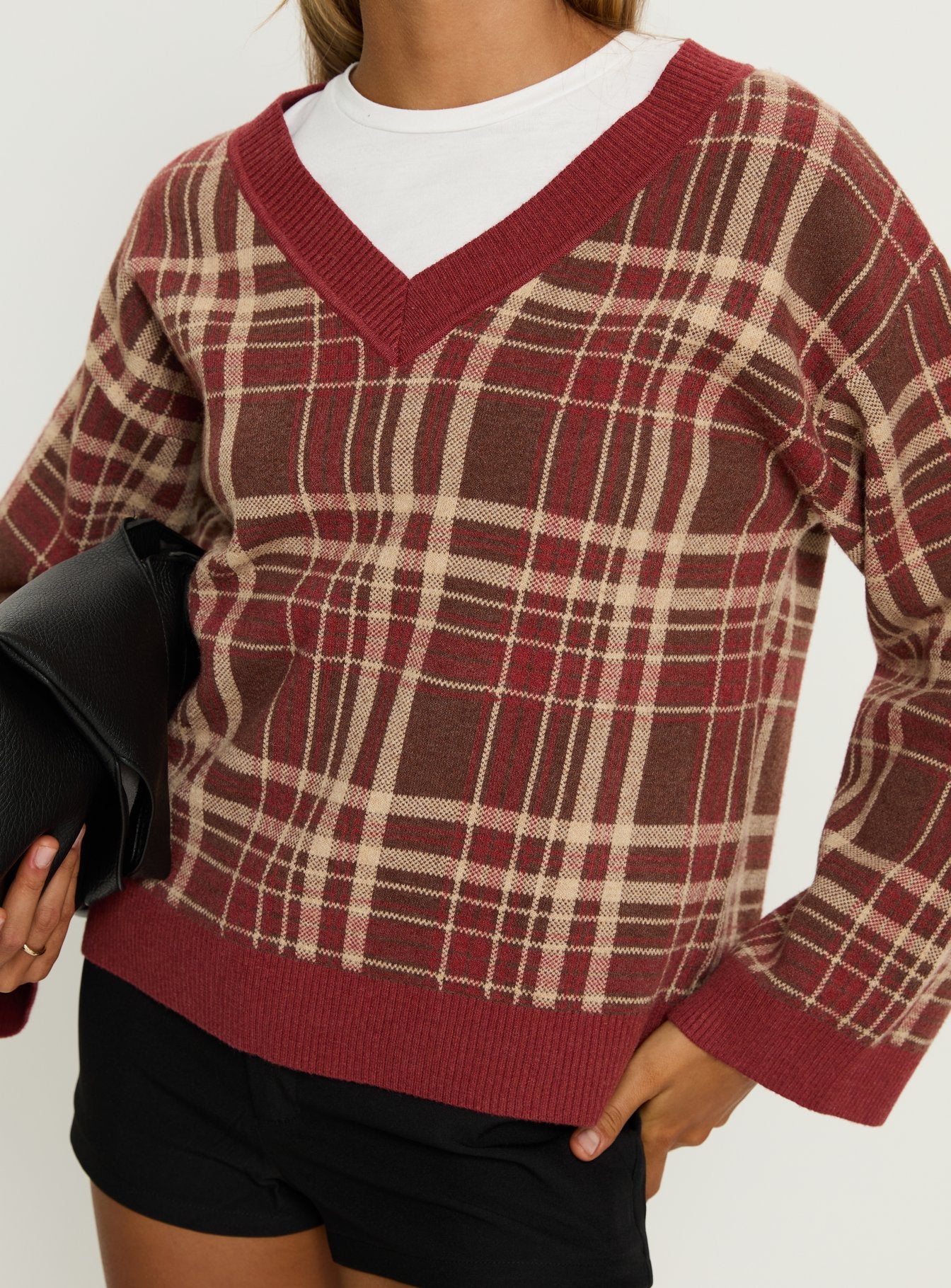 back view of model wearing Princess Polly Sydda V Neck Knit Sweater Red Plaid Cropped Jumpers 