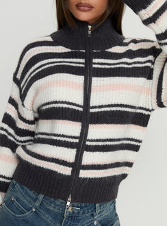 side view of model wearing Princess Polly Tetra Zip Through Knit Sweater Pink Stripe 