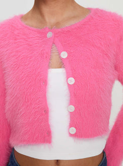 back view of model wearing Princess Polly Just A Girl Cardigan Pink cropped Jumpers 