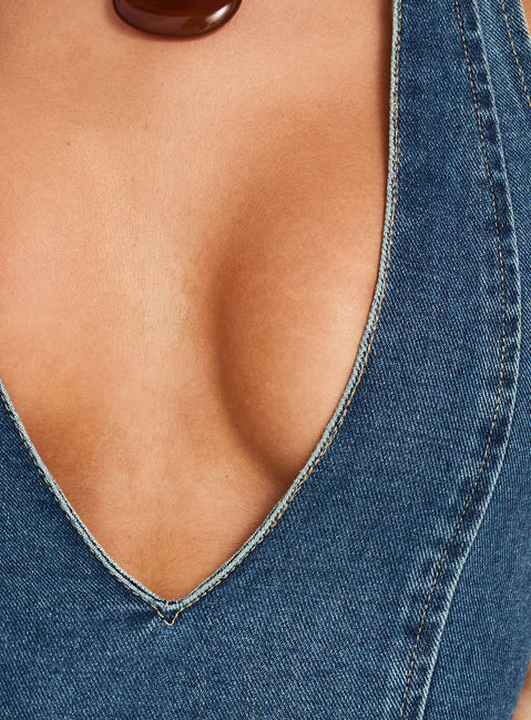 Nandie Denim Halter Top Dark Blue Wash
