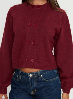 front view of model wearing Princess Polly Kammi Button Up Cardigan Red cropped 