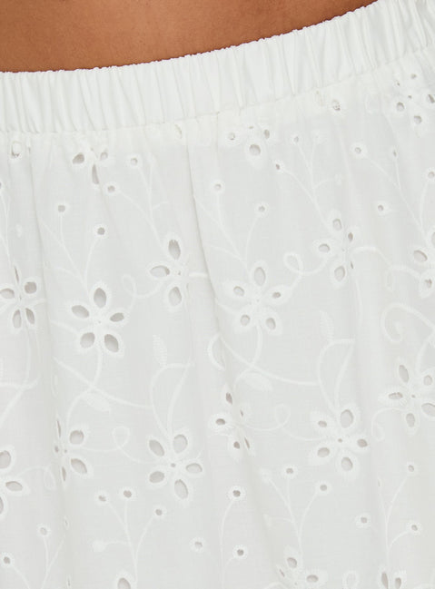 Explore the Isolie Tiered Maxi Skirt White Anglaise in womens-skirts with a relaxed fit and lace hem Princess Polly