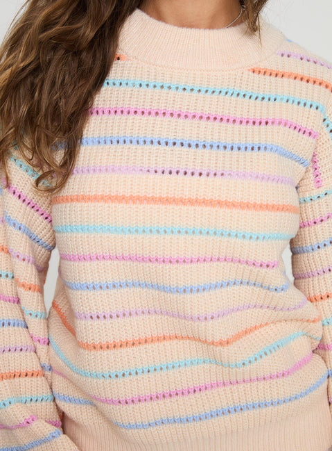 back view of model wearing Princess Polly Harmony Balloon Sleeve Knit Sweater Multi 