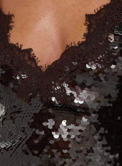 Thalina Sequin Deep V Lace Trim Mini Dress Chocolate