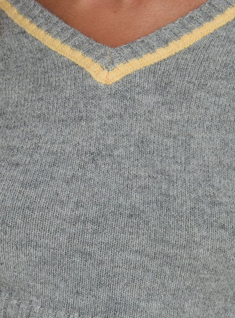 Kaylea Cinched Waist V Neck Knit Sweater Grey / Yellow